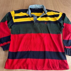 Nautica Rugby Shirt Mens Small Multi Color Stripe 90s Vintage Style Long Sleeve